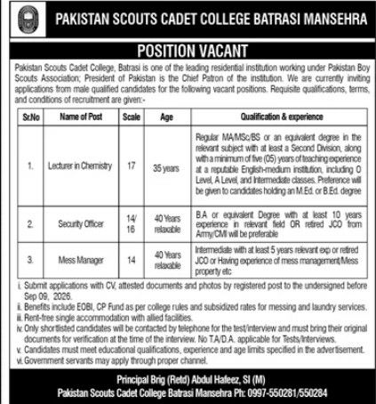 Pakistan Scouts Cadet College Batrasi Mansehra Jobs 2026 Jobs 2026 — original newspaper advertisement