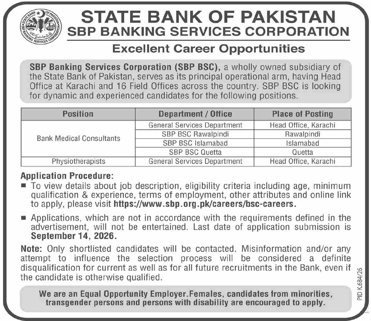 State Bank of Pakistan - SBP Banking Services Corporation (SBP BSC) Jobs 2026 Jobs 2026 — original newspaper advertisement