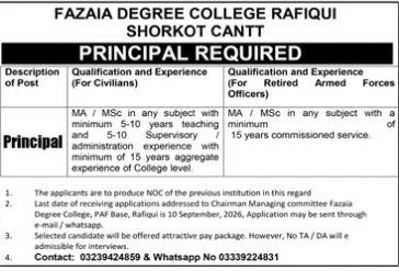 Fazaia Degree College Rafiqui, Shorkot Cantt Jobs 2026 Jobs 2026 — original newspaper advertisement