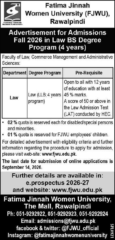 Advertisement for Admissions Fatima Jinnah Women University (FJWU), Rawalpindi Fall 2026 Admissions 2026 — original newspaper advertisement