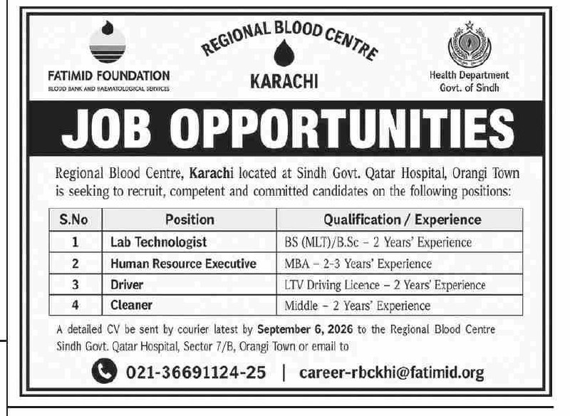 Regional Blood Centre, Karachi – Fatimid Foundation (Blood Bank and Haematological Services) / Health Department Jobs – Regional Blood Centre, Karachi – Fatimid Foundation (Blood Bank and Haematological Services) / Health Department, Govt. of Sindh Jobs 2026 — original newspaper advertisement