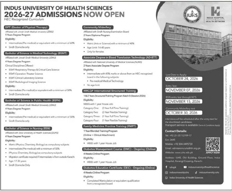 Indus University of Health Sciences 2026-27 Admissions Now Open – Indus University of Health Sciences (IUHS) Admissions 2026 — original newspaper advertisement