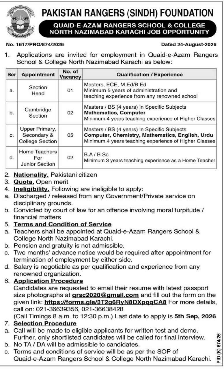 Quaid-e-Azam Rangers School & College North Nazimabad Karachi Job 2026 – Pakistan Rangers (Sindh) Foundation - Quaid-e-Azam Rangers School & College Jobs 2026 — original newspaper advertisement
