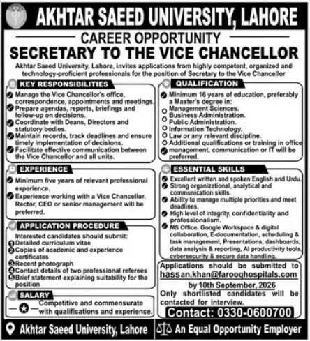 Akhtar Saeed University, Lahore Jobs 2026 Jobs 2026 — original newspaper advertisement