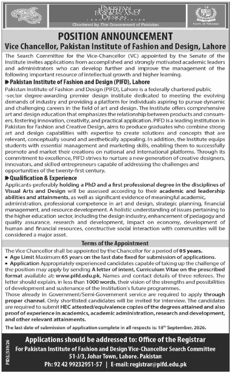 Pakistan Institute of Fashion and Design, Lahore Jobs 2026 – Pakistan Institute of Fashion and Design (PIFD), Lahore Jobs 2026 — original newspaper advertisement