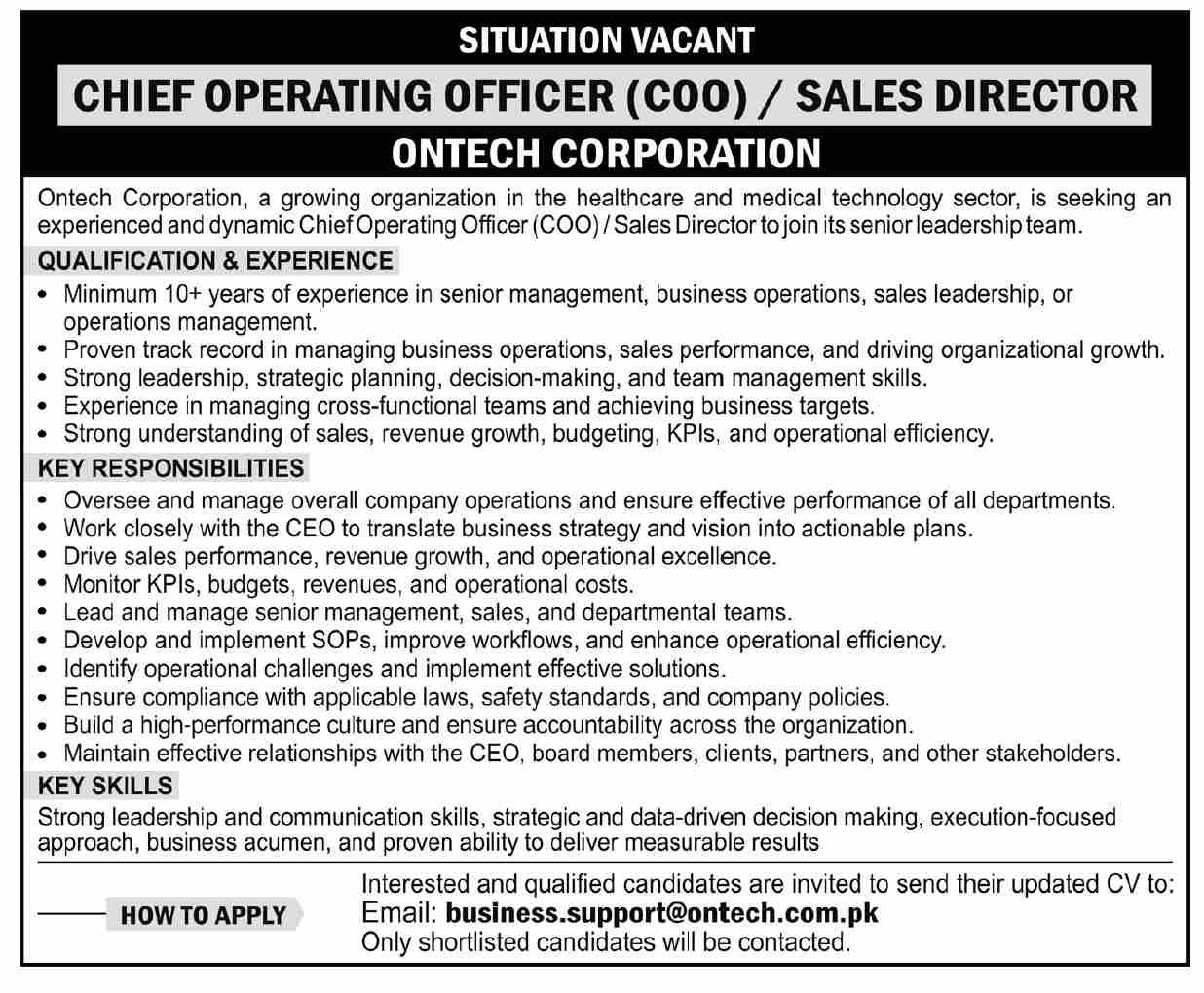Ontech Corporation Islamabad Jobs 2026 Jobs 2026 — original newspaper advertisement