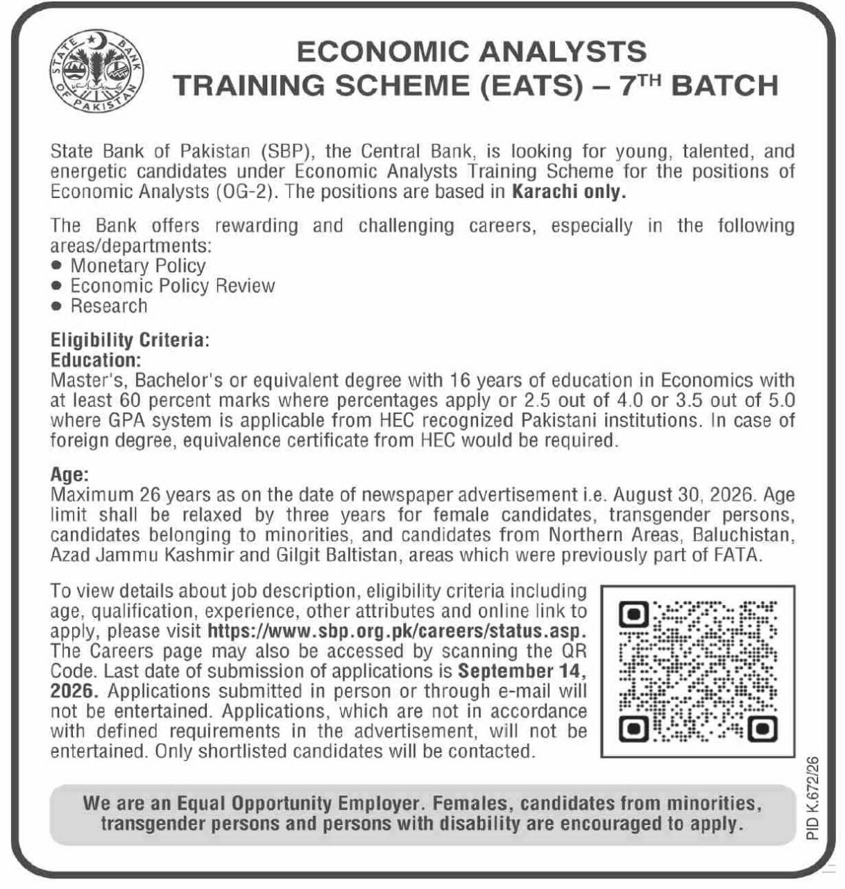 Economic Analysts Training Scheme (EATS) State Bank of Pakistan (SBP) Jobs Jobs 2026 — original newspaper advertisement