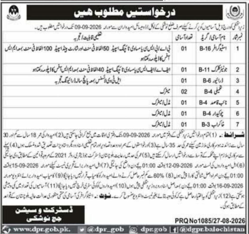 District and Session Judge, Nushki Jobs 2026 Jobs 2026 — original newspaper advertisement