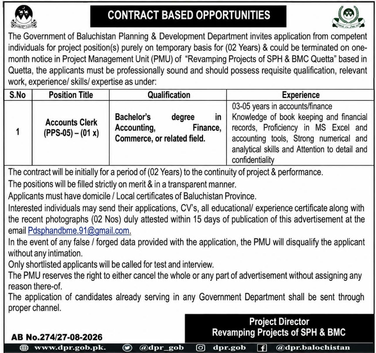 Planning and Development Department Jobs 2026 – Government of Baluchistan Planning & Development Department, Project Management Unit (PMU) - Revamping Projects of SPH & BMC Quetta Jobs 2026 — original newspaper advertisement