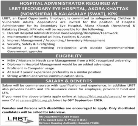 LRBT Secondary Eye Hospital, Akora Khattak (Nowshera) & Kalakalay (Swat), KPK Jobs Jobs 2026 — original newspaper advertisement