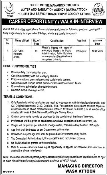 Water and Sanitation Agency (WASA) Attock Jobs – Water and Sanitation Agency (WASA) Attock, Office of the Managing Director Jobs 2026 — original newspaper advertisement