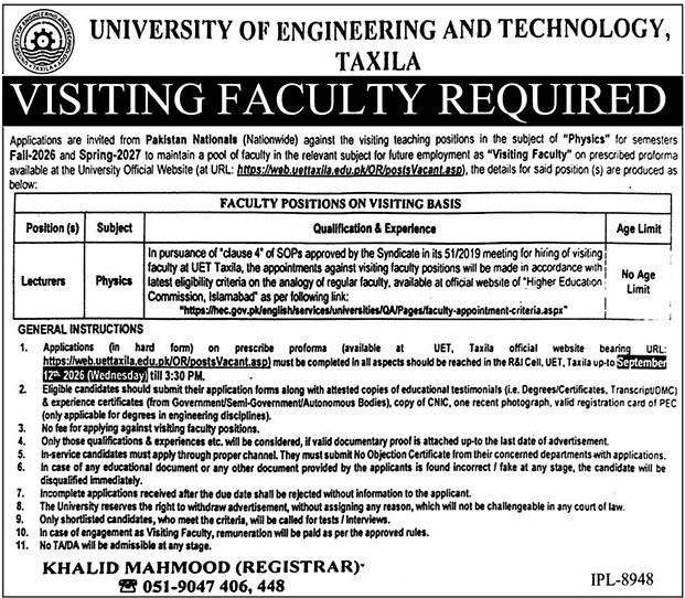 University of Engineering and Technology, Taxila Jobs Jobs 2026 — original newspaper advertisement