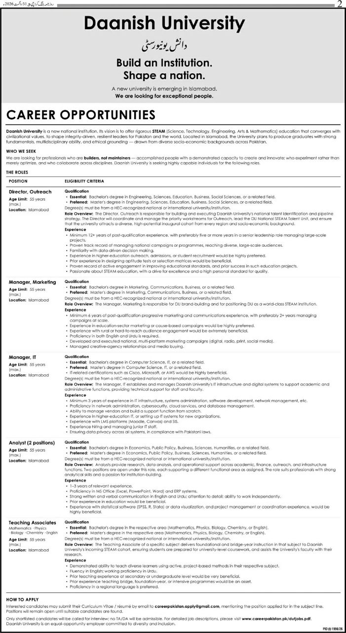 Daanish University Islamabad Jobs 2026 Jobs 2026 — original newspaper advertisement