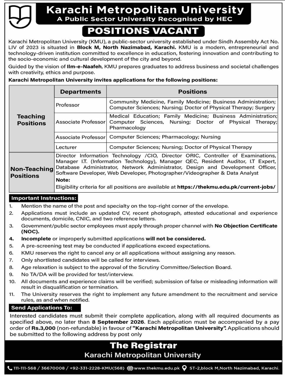 Karachi Metropolitan University (KMU) Jobs 2026 Jobs 2026 — original newspaper advertisement