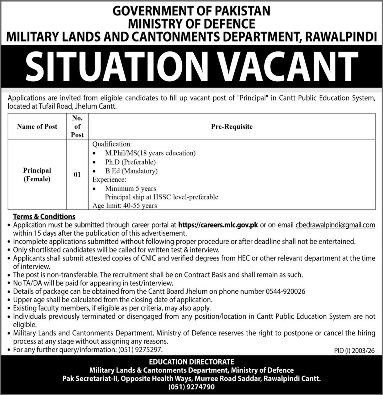 Ministry of Defence, Military Lands and Cantonments Department, Rawalpindi Jobs 2026 – Government of Pakistan, Ministry of Defence, Military Lands and Cantonments Department, Rawalpindi Jobs 2026 — original newspaper advertisement