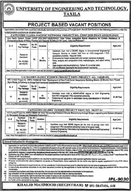 University of Engineering and Technology, Taxila Jobs 2026 Jobs 2026 — original newspaper advertisement