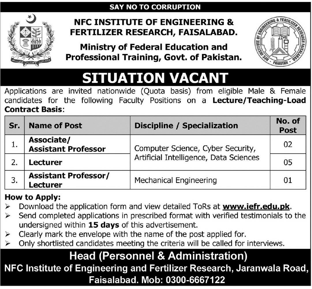 NFC Institute of Engineering & Fertilizer Research, Faisalabad Jobs 2026 – NFC Institute of Engineering & Fertilizer Research, Faisalabad (Ministry of Federal Education and Professional Training, Govt. of Pakistan) Jobs 2026 — original newspaper advertisement