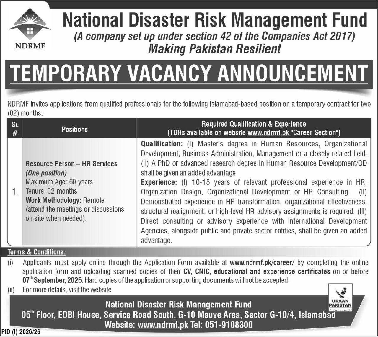 National Disaster Risk Management Fund (NDRMF) Jobs 2026 Jobs 2026 — original newspaper advertisement