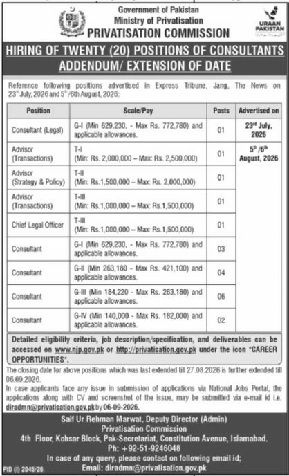 Ministry of Privatisation, Privatisation Commission Jobs 2026 – Government of Pakistan, Ministry of Privatisation, Privatisation Commission Jobs 2026 — original newspaper advertisement