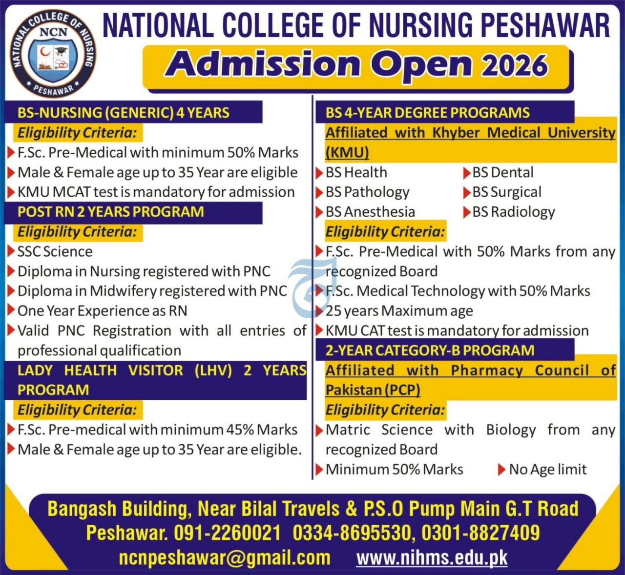 Admission Open 2026 – National College of Nursing Peshawar Admissions 2026 — original newspaper advertisement