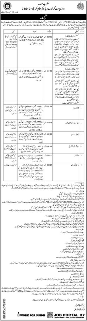 Jinnah Postgraduate Medical Centre (JPMC) Karachi Jobs 2026 – Government of Sindh - Jinnah Postgraduate Medical Centre (JPMC), Karachi Jobs 2026 — original newspaper advertisement