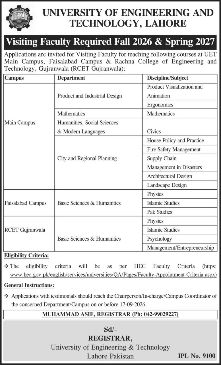 University of Engineering and Technology, Lahore Jobs 2026 Jobs 2026 — original newspaper advertisement