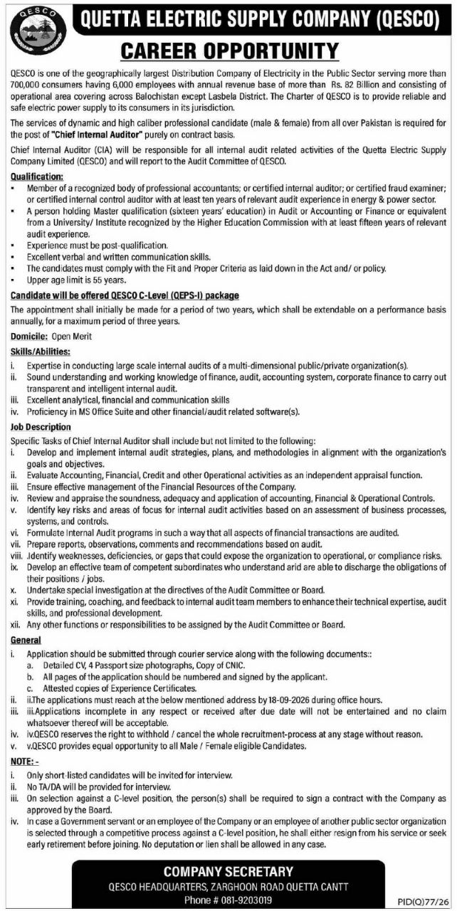 Quetta Electric Supply Company (QESCO) Jobs 2026 Jobs 2026 — original newspaper advertisement