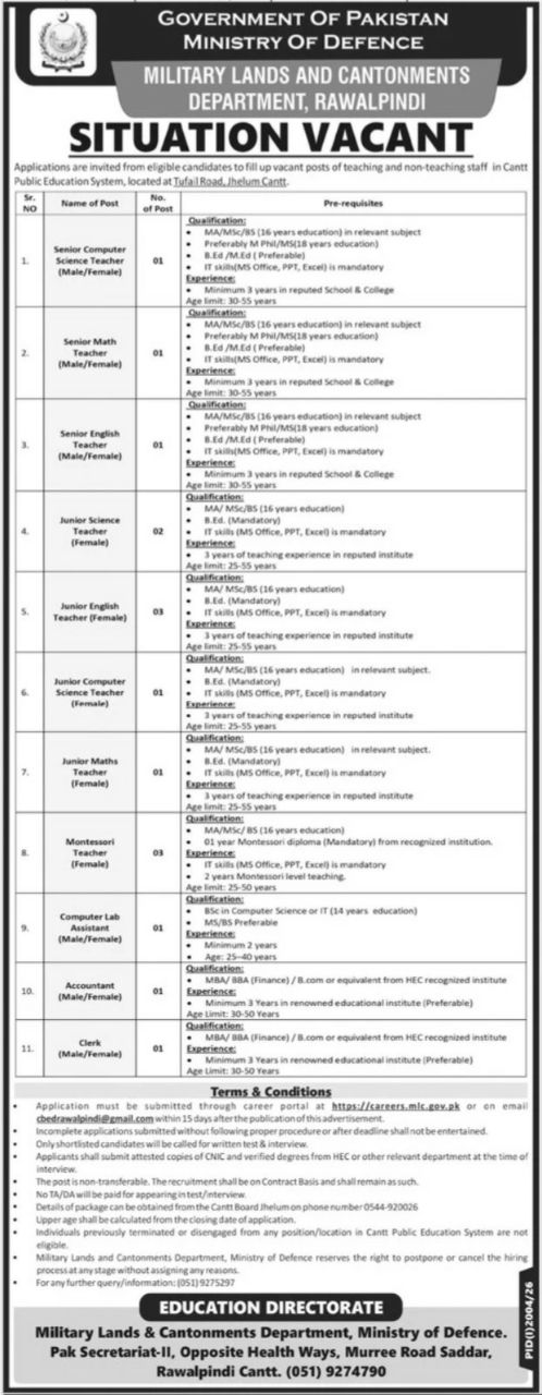 Military Lands and Cantonments Department, Rawalpindi Jobs 2026 – Government of Pakistan, Ministry of Defence, Military Lands and Cantonments Department, Rawalpindi Jobs 2026 — original newspaper advertisement
