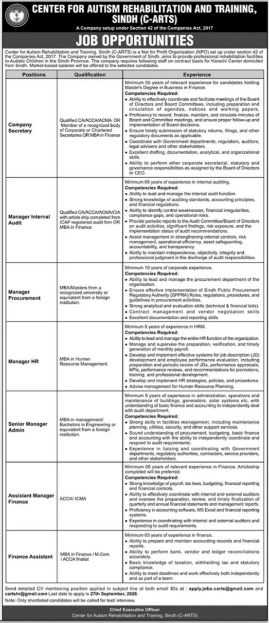 Center for Autism Rehabilitation and Training, Sindh (C-ARTS) Jobs 2026 Jobs 2026 — original newspaper advertisement