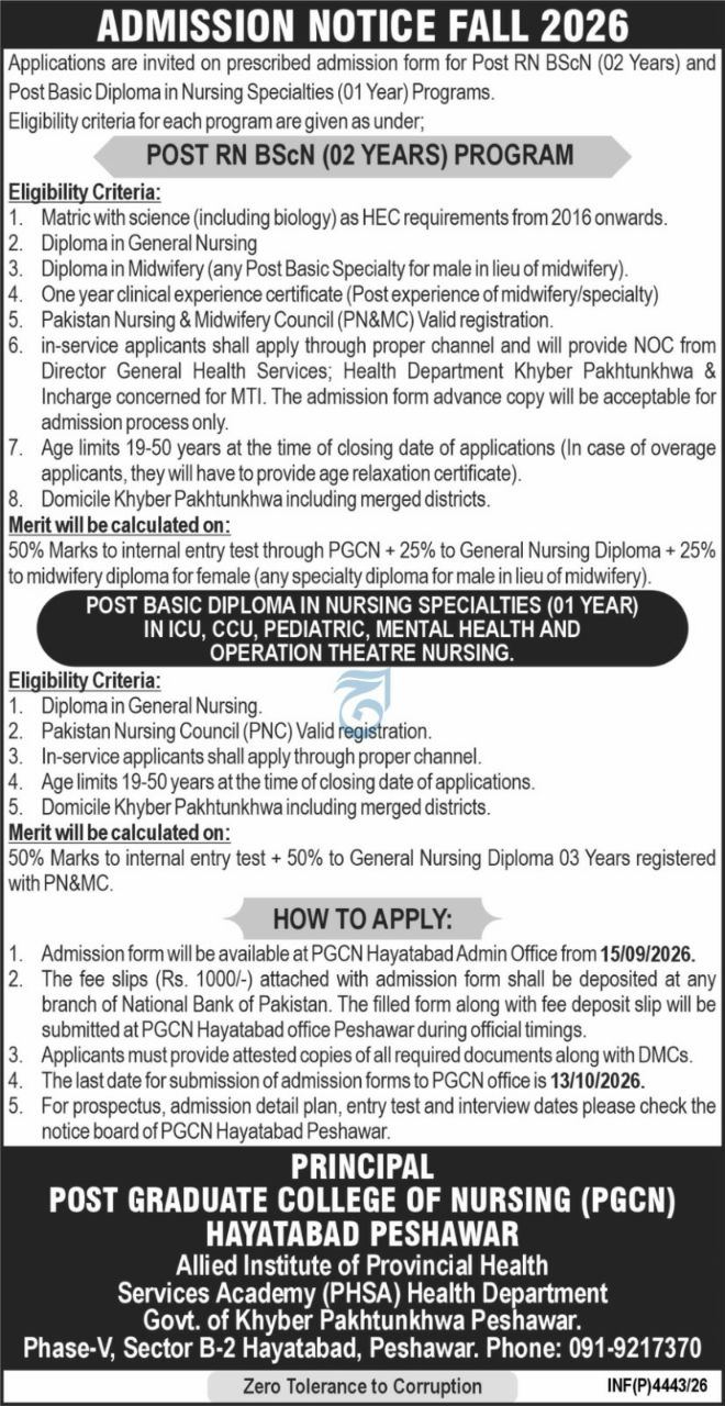 Admission Notice Fall 2026 – Post Graduate College of Nursing (PGCN) Hayatabad Peshawar, Allied Institute of Provincial Health Services Academy (PHSA), Health Department, Government of Khyber Pakhtunkhwa Admissions 2026 — original newspaper advertisement