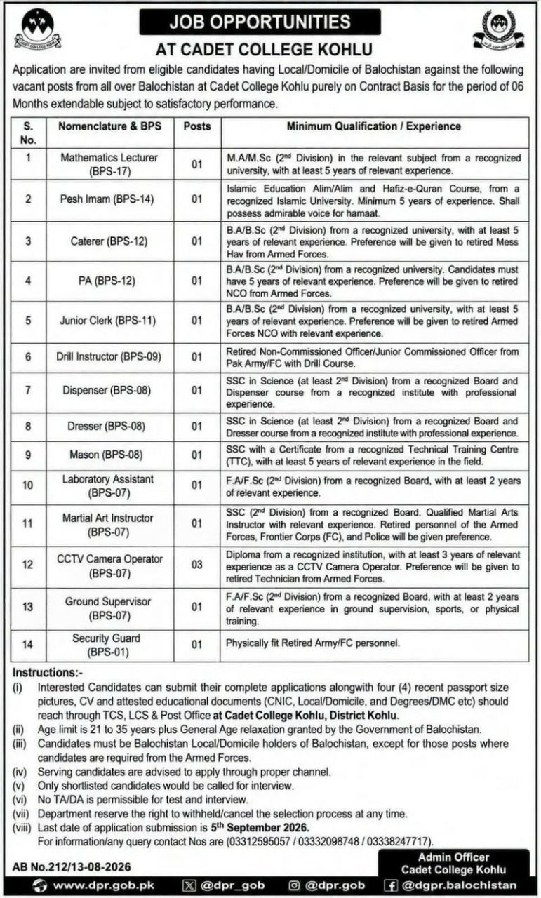 Cadet College Kohlu Jobs 2026 Jobs 2026 — original newspaper advertisement