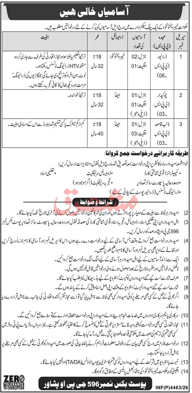 Public sector Organizations khyber Pakhtunkhwa Jobs – Government of Khyber Pakhtunkhwa - A Public Sector Department Jobs 2026 — original newspaper advertisement