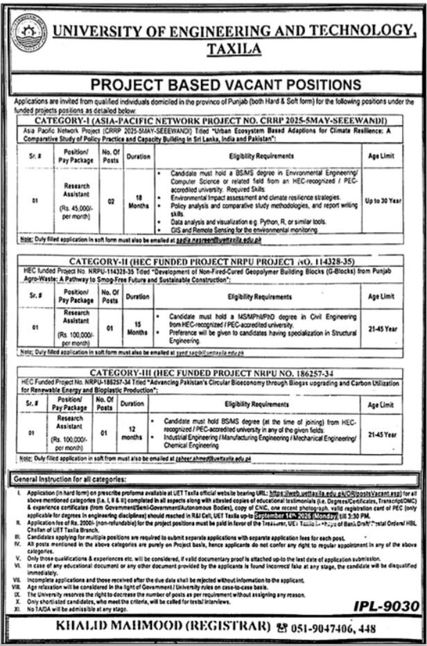 University of Engineering and Technology, Taxila Jobs Jobs 2026 — original newspaper advertisement