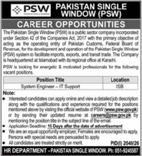 Pakistan Single Window (PSW) Jobs 2026 Jobs 2026 — original newspaper advertisement