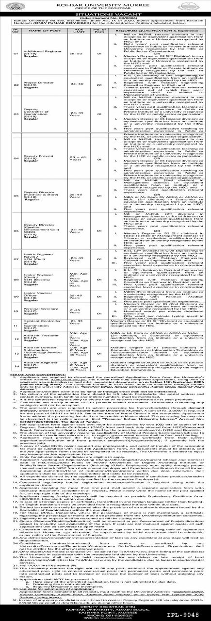 Kohsar University Murree, Punjab Jobs 2026 – Kohsar University Murree, Office of the Registrar Jobs 2026 — original newspaper advertisement