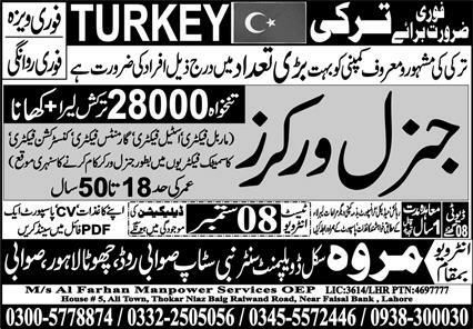General Workers Jobs in Turkey 2026 – Marwa skills Development Jobs 2026 — original newspaper advertisement