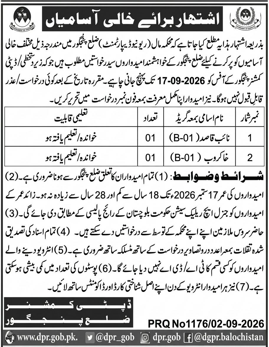 Revenue Department (Department of Finance), District Panjgur Jobs 2026 – Revenue Department (Department of Finance), District Panjgur, Government of Balochistan Jobs 2026 — original newspaper advertisement