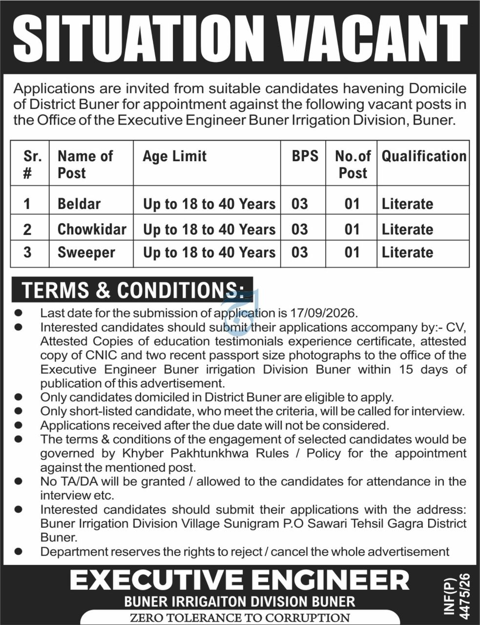 Irrigation Division Buner Jobs 2026 – Executive Engineer Buner Irrigation Division, Buner Jobs 2026 — original newspaper advertisement