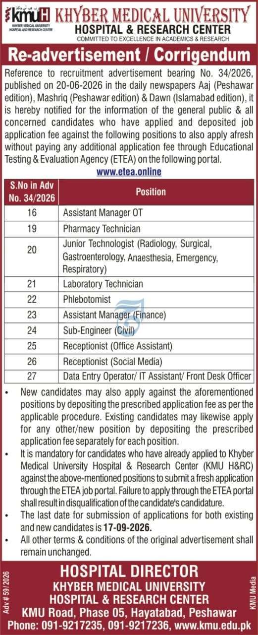 Khyber Medical University Hospital & Research Center (KMU H&RC) Jobs Jobs 2026 — original newspaper advertisement