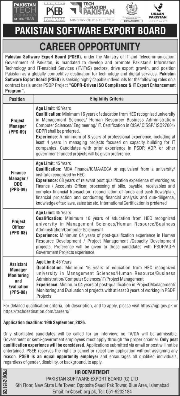 Pakistan Software Export Board (PSEB) Jobs Jobs 2026 — original newspaper advertisement