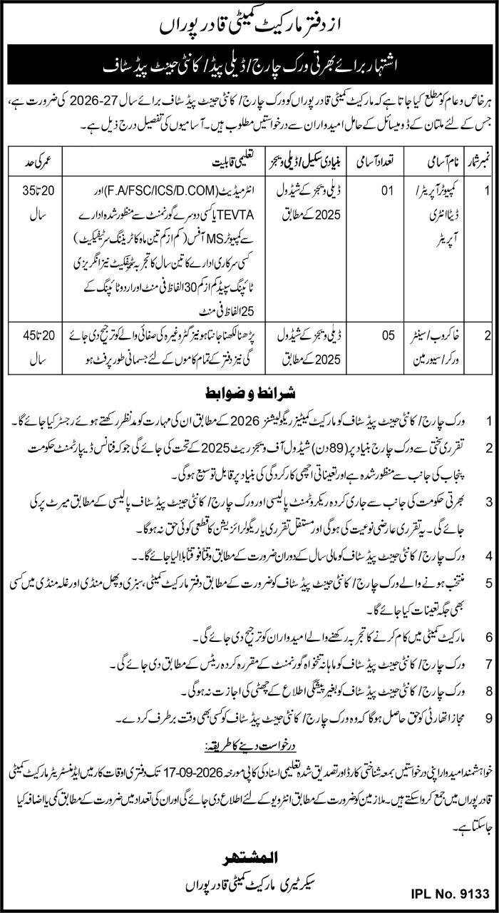 Market Committee Qadir Pur (Office of Market Committee Qadir Pur) Jobs Jobs 2026 — original newspaper advertisement