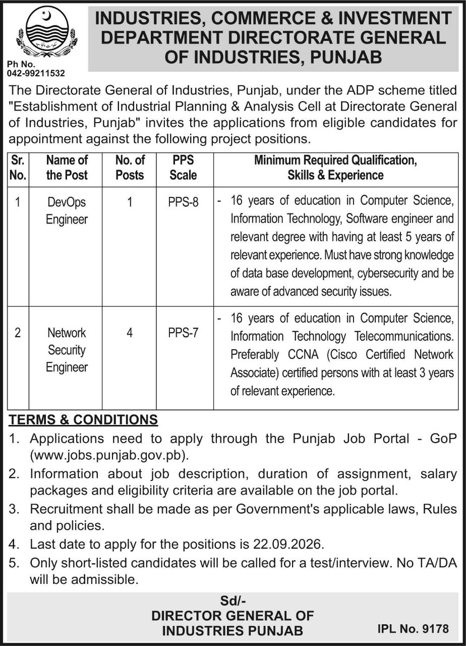 Industries, Commerce & Investment Department, Directorate General of Industries, Punjab Jobs Jobs 2026 — original newspaper advertisement