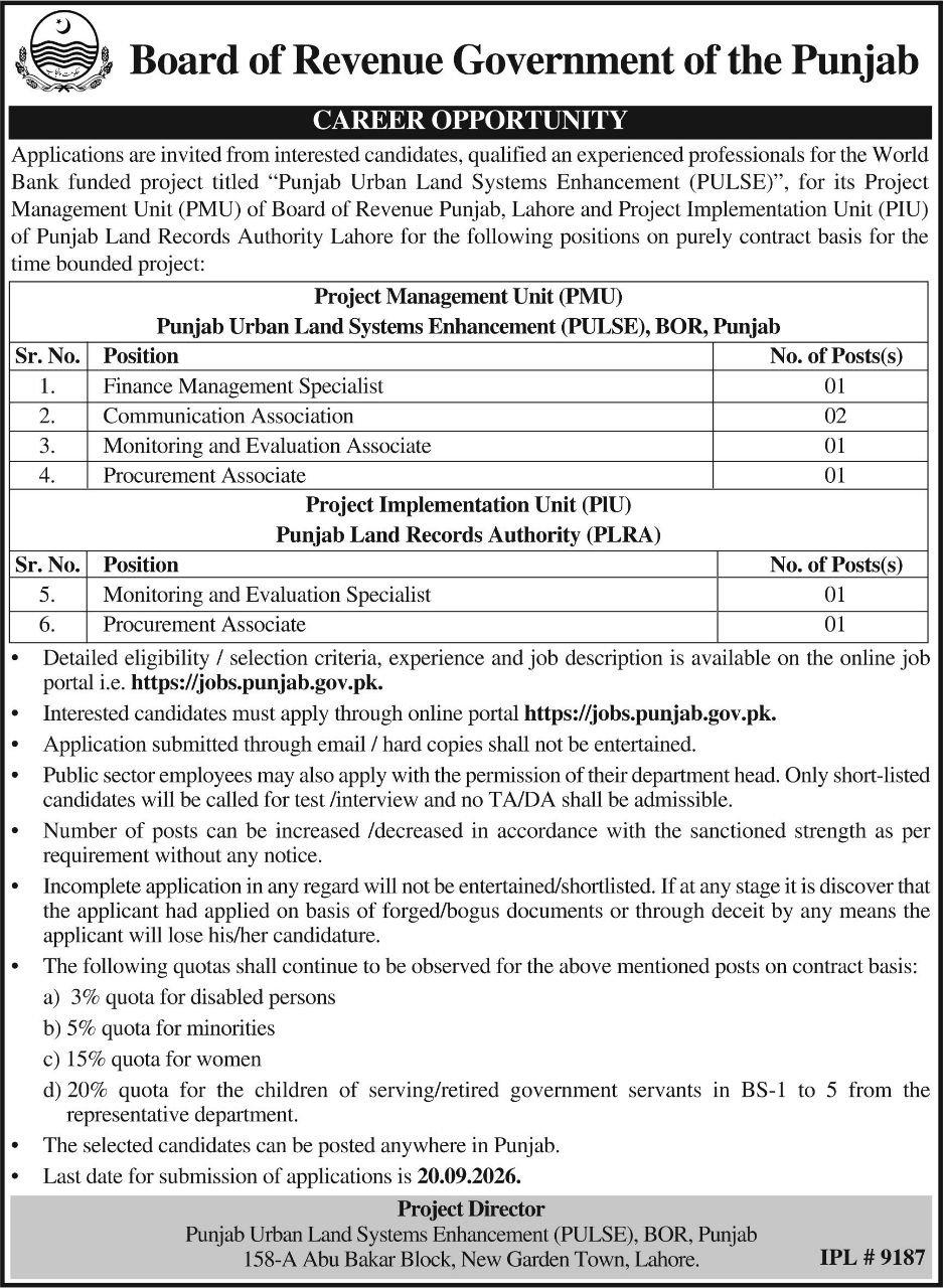 Punjab Urban Land Systems Enhancement (PULSE) Project Jobs – Board of Revenue, Government of the Punjab Jobs 2026 — original newspaper advertisement
