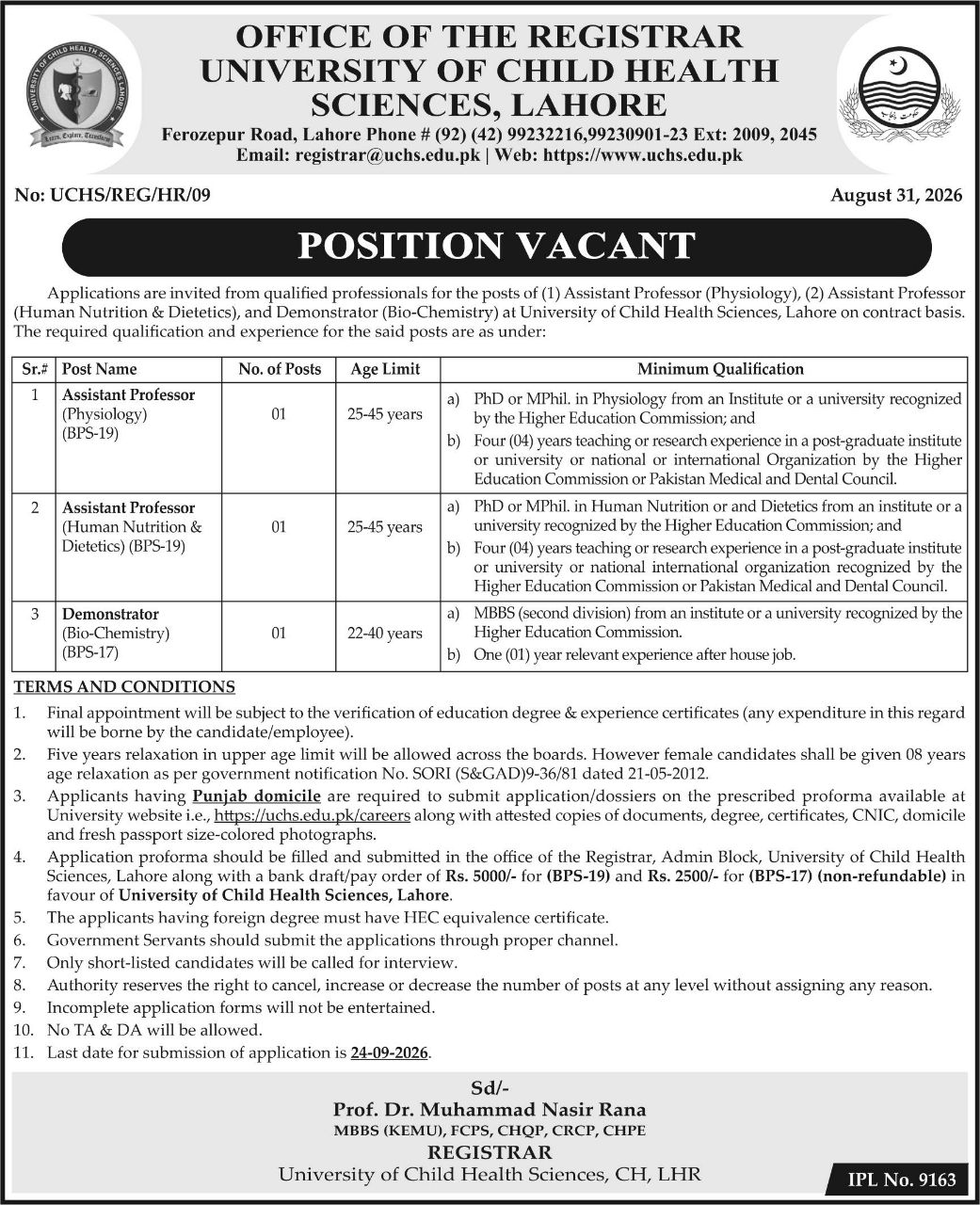 University of Child Health Sciences, Lahore Jobs – Office of the Registrar, University of Child Health Sciences, Lahore Jobs 2026 — original newspaper advertisement