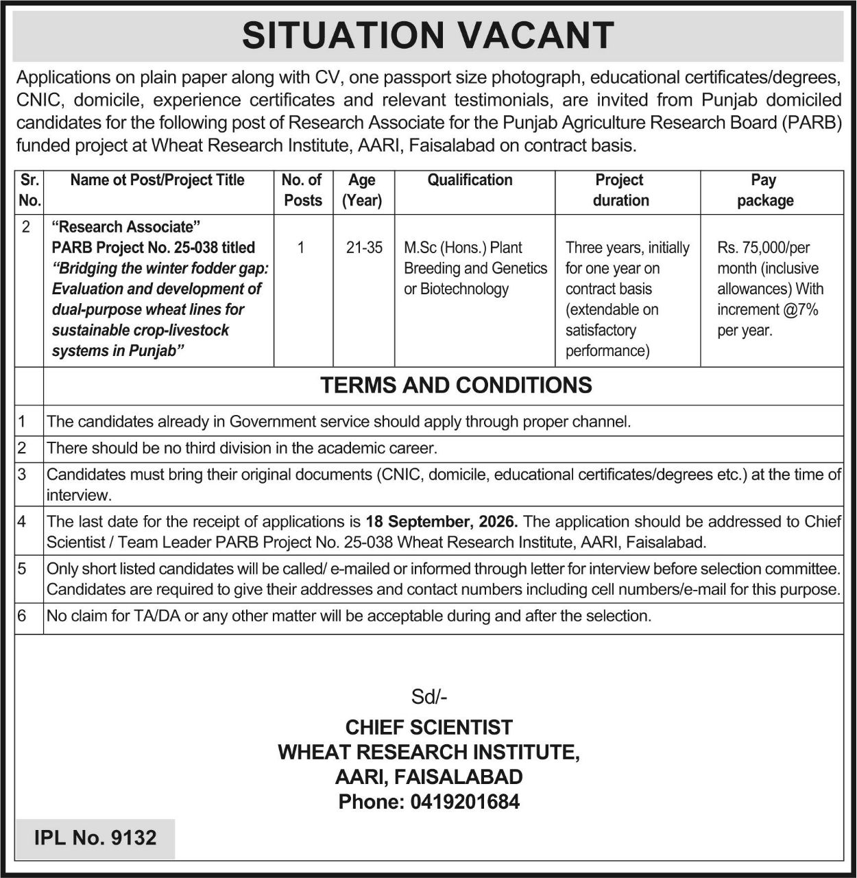 Wheat Research Institute, AARI, Faisalabad (Punjab Agriculture Research Board - PARB Jobs 2026 – Wheat Research Institute, AARI, Faisalabad (Punjab Agriculture Research Board - PARB funded project) Jobs 2026 — original newspaper advertisement
