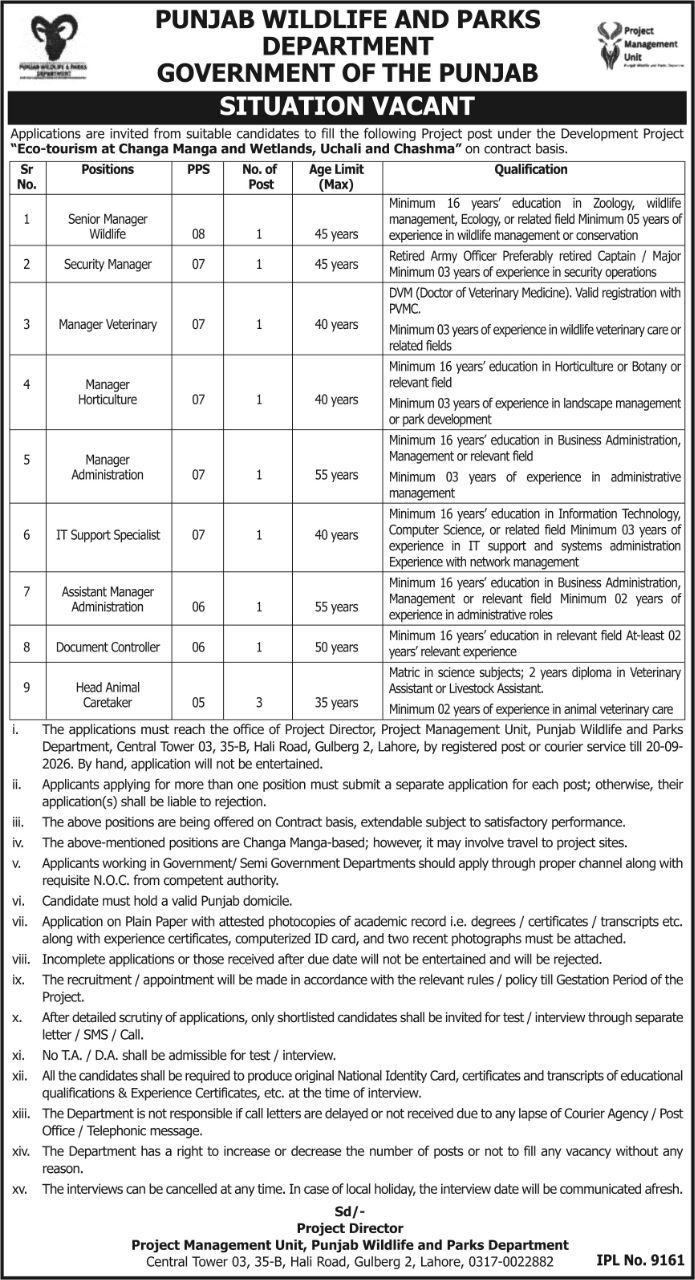 Punjab Wildlife and Parks Department Jobs 2026 – Project Management Unit, Punjab Wildlife and Parks Department, Government of the Punjab Jobs 2026 — original newspaper advertisement