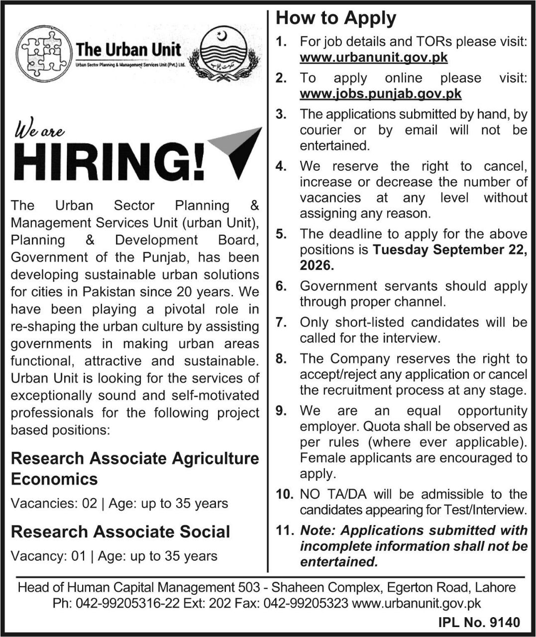 (Urban Unit), Planning & Development Board Jobs 2026 – The Urban Sector Planning & Management Services Unit (Urban Unit), Planning & Development Board, Government of the Punjab Jobs 2026 — original newspaper advertisement