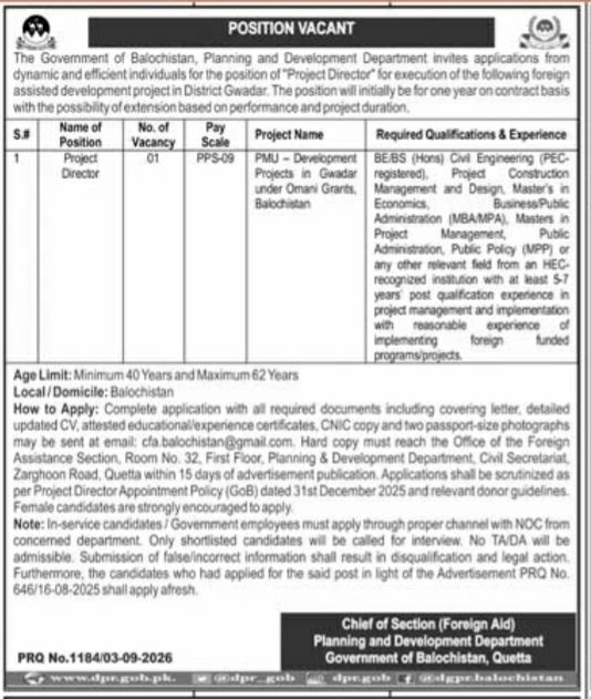 Planning and Development Department Jobs 2026 – Government of Balochistan, Planning and Development Department Jobs 2026 — original newspaper advertisement