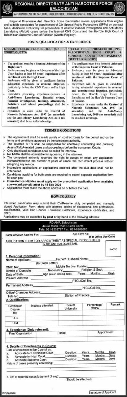 Regional Directorate Anti Narcotics Force (ANF) Balochistan Jobs 2026 Jobs 2026 — original newspaper advertisement