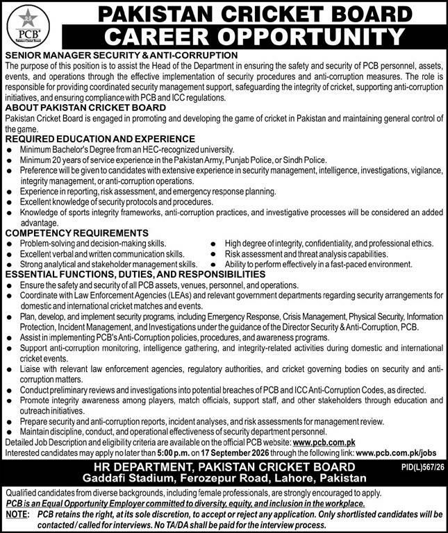 Pakistan Cricket Board (PCB) Jobs 2026 Jobs 2026 — original newspaper advertisement
